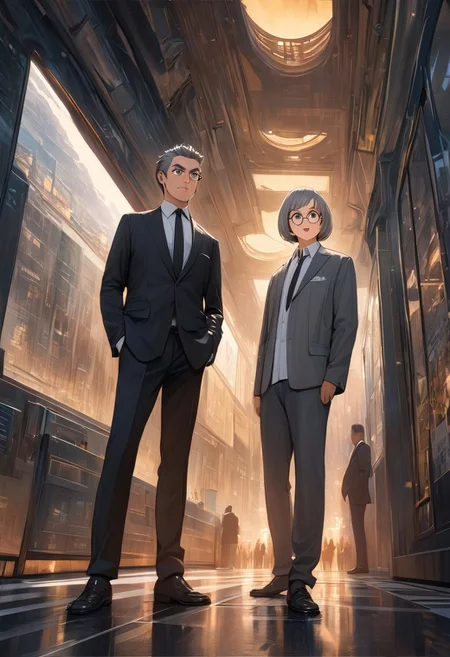 ((man)) with bristle, (graphic novel style, dark novel style:1.5),(anime), (masterpiece:1.4), (soft cinematic light:1.1), incredibly lifelike, Extremely high-resolution details, 8k, best quality,extremely detailed, contrast,
high tech design, fullbody, 
 gallery of contemporary art, inside, portrait old woman against the backdrop of a giant floor-to-ceiling window, through which one can see a city landscape with skyscrapers and a sunset , open mouth, 
man in a classic black suit 
white shirt and black tie keeps his hand on his jacket, black loafers, (((gray ((short)) bob hair))), [Nordic], round glasses, round black eyes, thin lips, bristle sharp chin, diamond long face, gray sideburns, small ears, thick gray eyebrows, sunken cheeks, (bristle)),