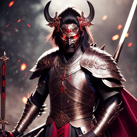 photo, a demonic looking man in armor holding a sword (FantasyDaimyo style:1) <lora:djzFantasyDaimyoV21:0.8>