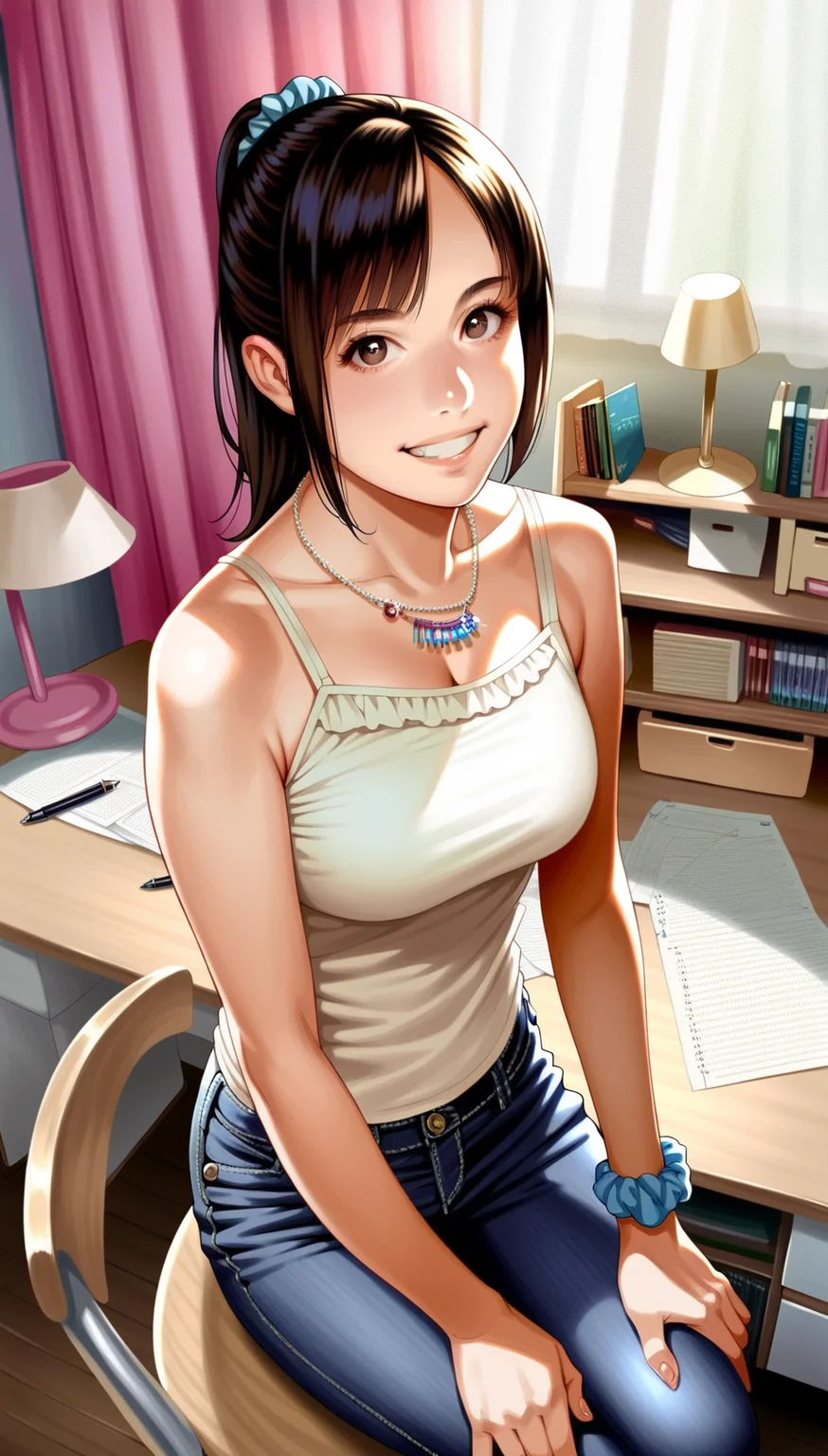 score_9,score_8_up,score_7_up,
highly detailed,highres,realistic,photorealistic,
<lora:miiyamotohikari:0.9>,miiyamotohikari,
1girl,solo,black hair,bangs,ponytail,blue scrunchie,brown eyes,looking at viewer,facing aside,grin,white camisole,necklace,bracelet on the left wrist,jeans,sitting on chair,hands on legs,cowboy shot,from above,indoors,bedroom,pink curtains,wooden desk,wooden floor,books on bookshelf,desk bookshelf,paper on desk,pen on desk,desk lamp,