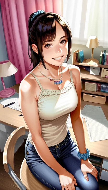 score_9,score_8_up,score_7_up,
highly detailed,highres,realistic,photorealistic,
<lora:miiyamotohikari:0.9>,miiyamotohikari,
1girl,solo,black hair,bangs,ponytail,blue scrunchie,brown eyes,looking at viewer,facing aside,grin,white camisole,necklace,bracelet on the left wrist,jeans,sitting on chair,hands on legs,cowboy shot,from above,indoors,bedroom,pink curtains,wooden desk,wooden floor,books on bookshelf,desk bookshelf,paper on desk,pen on desk,desk lamp,
