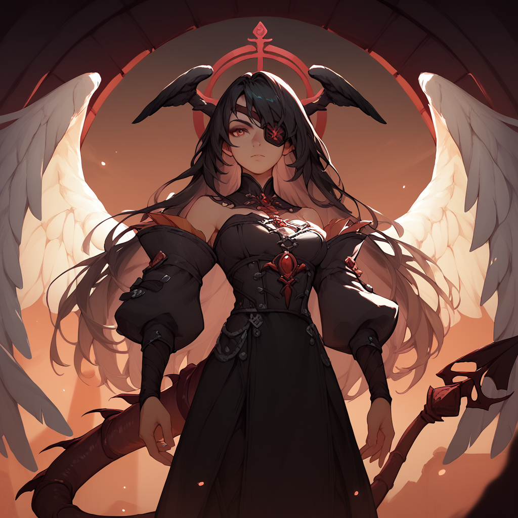 <lora:SlimesAdiane:1>, score_9, score_8_up, score_7_up, long hair, black hair, eyepatch, black angel wings, waist up shot, scorpion tail, dark temple background