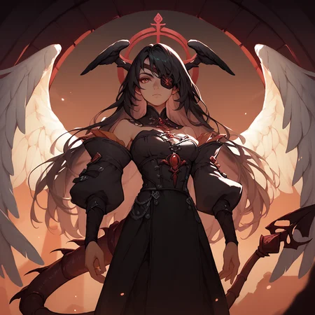 <lora:SlimesAdiane:1>, score_9, score_8_up, score_7_up, long hair, black hair, eyepatch, black angel wings, waist up shot, scorpion tail, dark temple background
