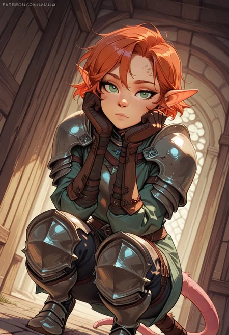 highly detailed, fine skin detail, absurdres, highly-detailed, best quality, masterpiece, very aesthetic, detailed skin, beautiful green eyes, detailed eyes, dutch angle, Solo, 1girl, Verm1llia, armor, tail wraps, pouches, looking at viewer, squatting, double v