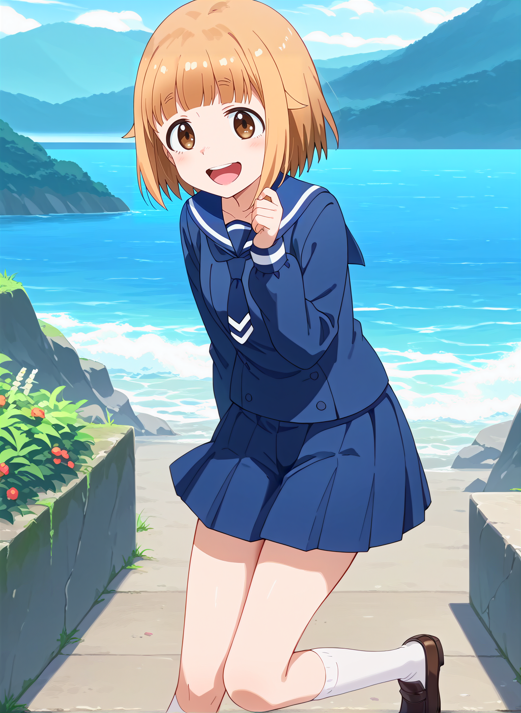 score_9,score_8_up,score_7_up,source_anime,anime,nsfw,rating_explicit,uncensored,High quality,Ultra detailed,best quality,insanely detailed,beautiful,masterpiece,perfect lighting BREAK
<lora:tsurugi_hina_V1:1>,(tsurugi_hina, short hair, brown hair, brown eyes, bangs,winter uniform,necktie, sailor collar,serafuku,blue shirt,long sleeves, blue skirt, pleated skirt, white socks,loafers),1girl,solo,laughing,posing,outdoors,embankment,sea,looking_at_viewer,from_behind,