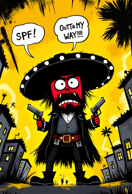 documentary photography , upper body, cinematic lighting, from below/low angle, 50mm, sepia tone. whimsicalart, darkfairytale, (moonlightart:1.2), (whimsical illustration:1.2), dreamy, fantasy, magic.  (a big bad mexican gunslinger:1.1) with a huge sombrero hat (walks down a deserted street:1.1) (shouting angrily:1.1). (he is pointing a gun in each hand at the viewer:1.1).  extremely angry facial expression, big bulging eyes, angry red face.  above him is a prominently displayed speech bubble that says: "Outta My WaY!!!".  masterpiece of fun.  brilliant dark collors, volumetric lighting, god rays.  , <lora:30 style\flux Dark Whimsical Art v1 ()>, <lora:30 style\flux MOONZ WILD v1 ():0.5>, , , , ,
