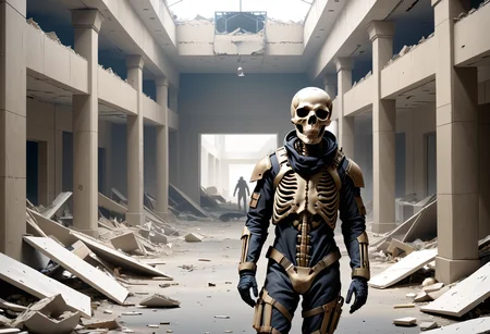 Amidst the rubble and decay of a post-apocalyptic world, a person wearing a stillsuit, and ventures into the abandoned mall, piles of debris, the skeletal remains of a bustling shopping center, searching for supplies among the ruins, moving methodically from one end of the mall to another, hoping to find anything useful amidst the devastation. stopping at a department store entrance - perhaps there might be something left worth salvaging after allangers lurk within, entering the darkness within, style of Darek Zabrocki, <lora:StillsuitXL_v1.31:0.5>