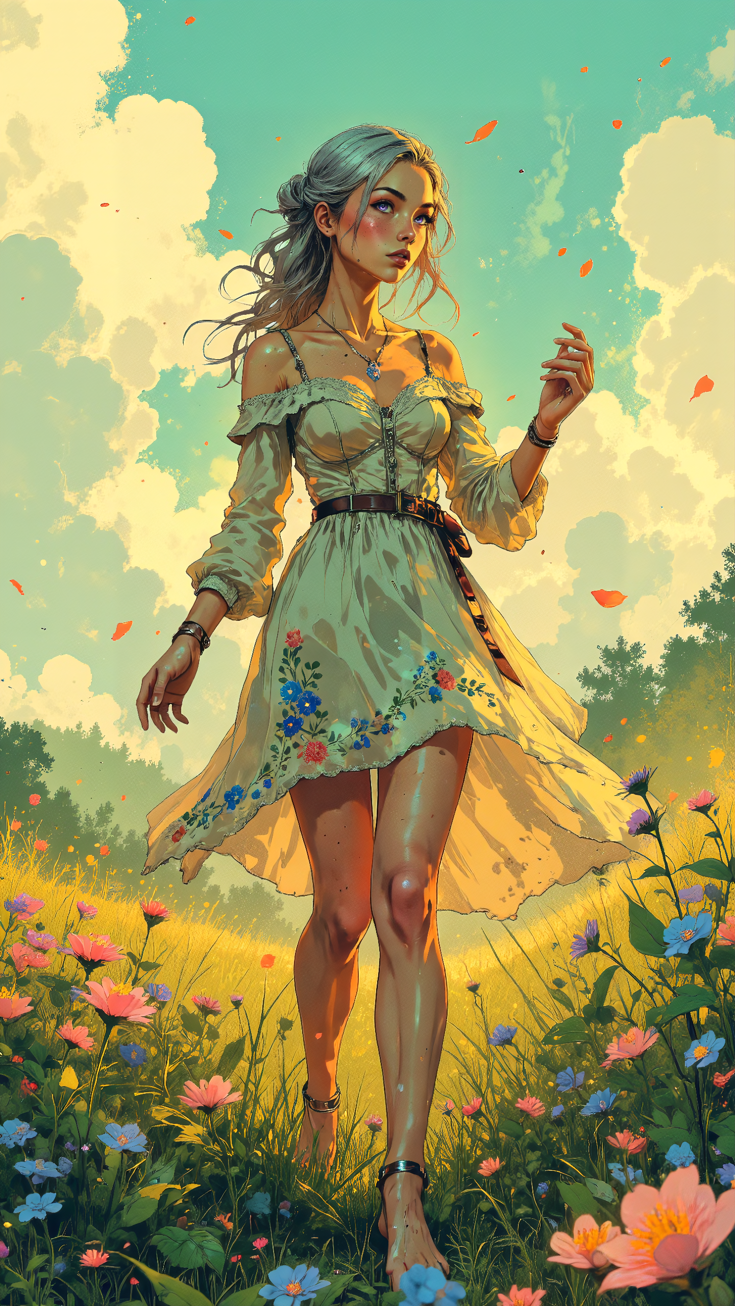 igh-resolution anime-style illustration with bold, expressive brushstrokes and a dreamy, surreal atmosphere. A vast meadow stretches endlessly under a golden sky, wildflowers blooming in vivid strokes of pink, blue, and violet, swaying in an unseen rhythm. In the center, a beautiful young woman with long, wavy silver hair tied into a loose side braid stands barefoot in the grass, her soft lavender eyes reflecting the warm afternoon glow. She wears a delicate, off-the-shoulder chiffon dress with intricate floral embroidery, the sheer fabric catching the light as if woven from the breeze itself. One hand brushes gently over the flower petals, while the other lifts slightly, as if feeling the pulse of the surreal world around her. In the distance, floating petals shimmer like tiny galaxies, and the meadow seems to stretch into infinity, blending seamlessly with the hazy horizon. The wind carries a soft, unspoken melody, and time feels suspended in this quiet, ethereal dreamscape. <lora:Vibrantly_Dark_style_v.1:0.8> <lora:Anime_Art_V3:0.7000000000000001> <lora:Inkpunk_Flux:0.5>