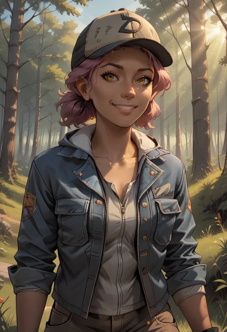 score_9, score_8, BREAK, solo, ,ClemTWD, dark-skinned female, dark skin, dark hair, short orange and pink hair, brown eyes, denim jacket, cargo pants, high boots, cap, sexy pose, self portrait, smile, outdoors, sunlight, shadows, evening lighting, natural lighting, forest, trees, grass, orange sky, sunset