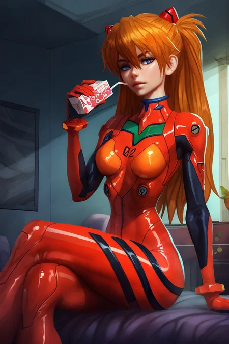 masterpiece, best quality,  absurdres, highres, cinematic light, 1girl,  <lora:evulchibi_style:1> evulchibi_style, souryuu asuka langley, sitting, room, indoors, crossed legs, holding juice box, looking at viewer, expressionless, shiny clothes, bodysuit