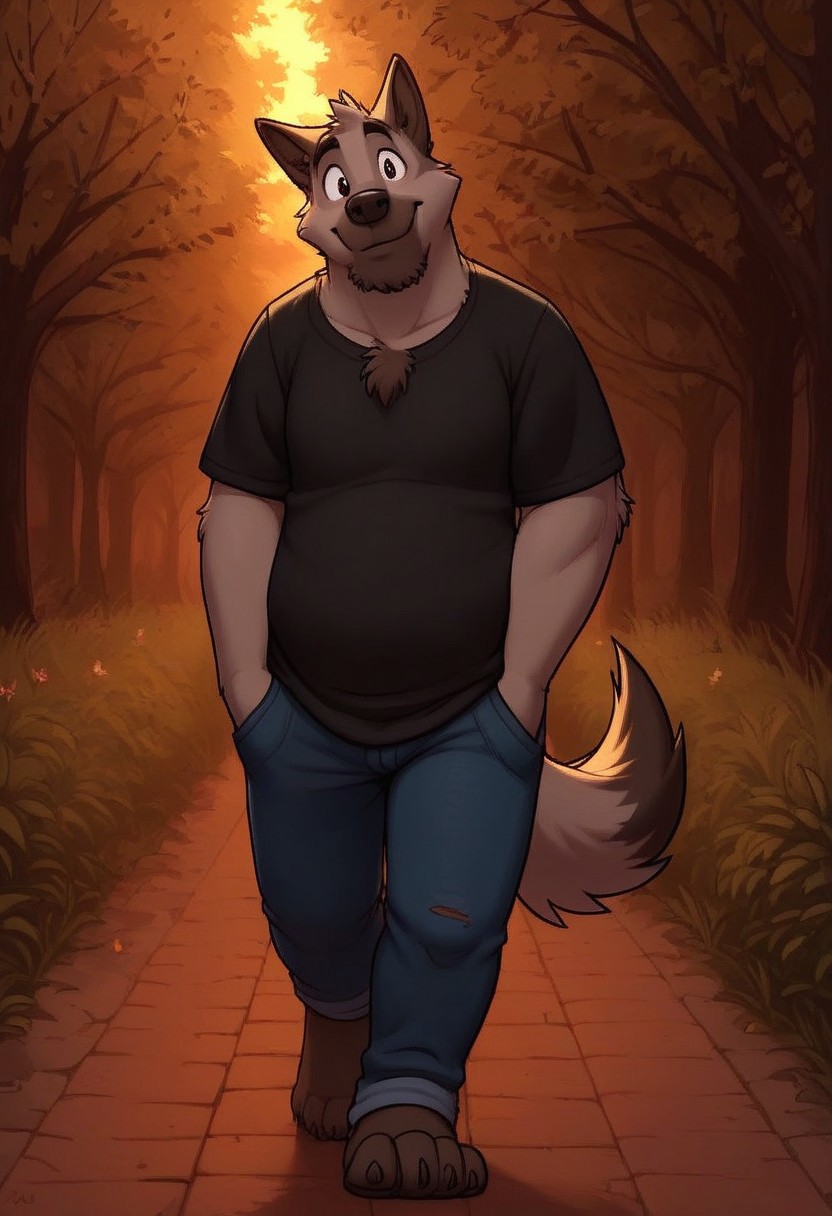 score_7, score_8, score_9, dynamic lighting, detailed background, background is park, trees, walking path, benches, sunny, (close up), cowboy shot,
BREAK 
Solo, 1 male, single male, anthro, furry male, male wolf, Doug, grey fur, animal nose, black eyes, black hands, black feet, feet claws, chest fur tuft, black wolf tail, pointy ears, chubby, tall, big hands,
BREAK 
standing, looking at viewer, smiling, shy, jeans, black t shirt, hands in pockets