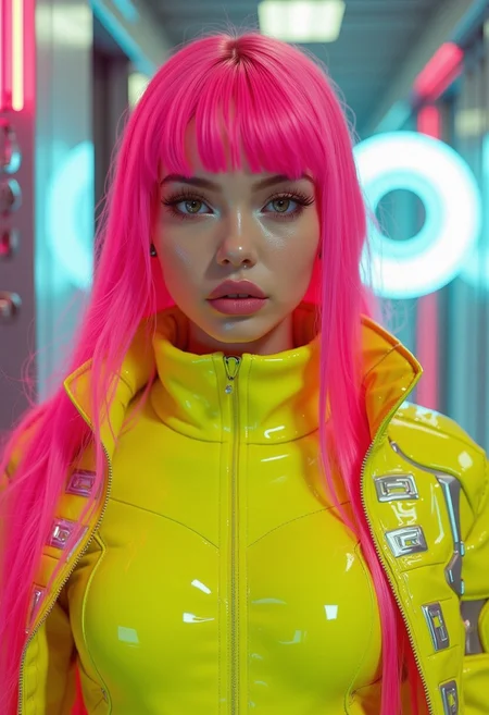 The image is a high-resolution, highly detailed CGI rendering featuring a young woman with a striking, futuristic aesthetic. She has long, vibrant pink hair with straight bangs and is dressed in a neon yellow jumpsuit that contrasts sharply with her hair and the surrounding environment. Her outfit is sleek and form-fitting, accentuating her slender figure. She wears a high-collared, intricate, high-tech-looking jacket with a geometric pattern, adding to the futuristic theme.
