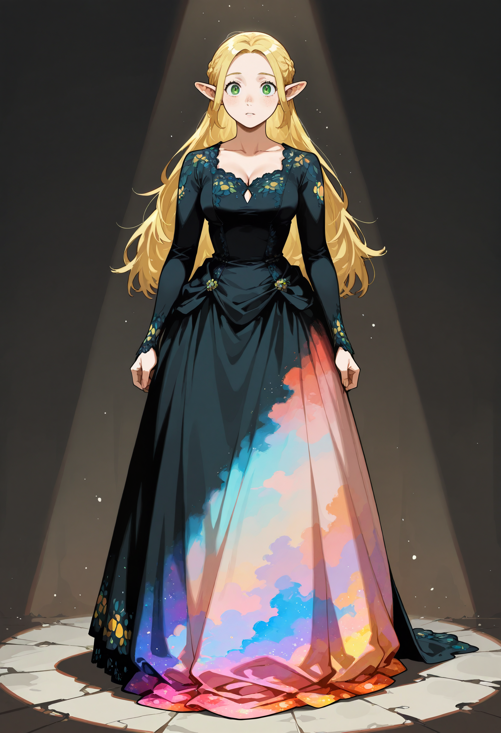 1girl,solo, black dress,long sleeves, colorful dress,marcille_donato