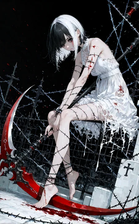 score_9, score_8_up, score_7_up, 1girl, solo, ultra detailed, dynamic angle, short hair, two tone hair, black hair, white hair, black eyes, blood tears, white dress, torn dress, barefoot, holding weapon, scythe, black and white scythe, serrated blade, barbed wire on arms and legs, red pool, dark background, <lora:add_detail:1> <lora:Expressive_H:1>