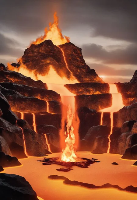 very high quality, very high detail, masterpiece, hyperdetailed, hyper-realistic, photorealism, cinematic lightning, 12k, on fire, fire landscape, hellscape, fire tornado, flames, molten rock, lava river