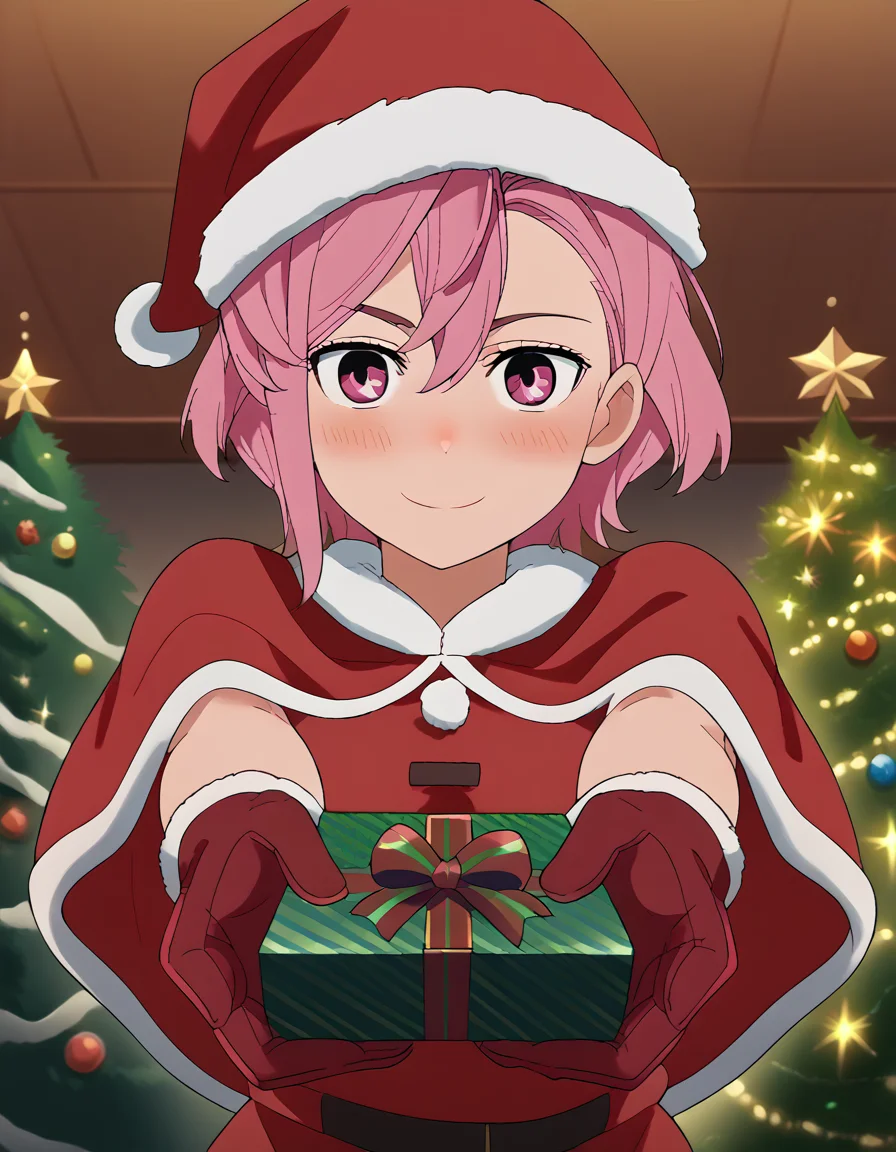 score_9, score_8_up, score_7_up, source_anime, <lora:aira-shiratori-s1-ponyxl-lora-nochekaiser:1>, aira shiratori, short hair, bangs, hair between eyes, pink hair, pink eyes, medium breasts, anime screencap,, <lora:santa-costume-ponyxl-lora-nochekaiser:1>, santa costume, santa hat, christmas, sack, merry christmas, gift, fur-trimmed headwear, holding sack, santa dress, fur-trimmed dress, christmas tree, christmas tree, fur trim, red capelet, gift box, red gloves, fur-trimmed capelet, santa gloves, red hat, hat,, smile, blush, looking at viewer, <lora:incoming-gift-ponyxl-lora-nochekaiser:1>, incoming gift, outstretched arms, holding, holding gift, gift, gift box,, , dutch angle, cowboy shot