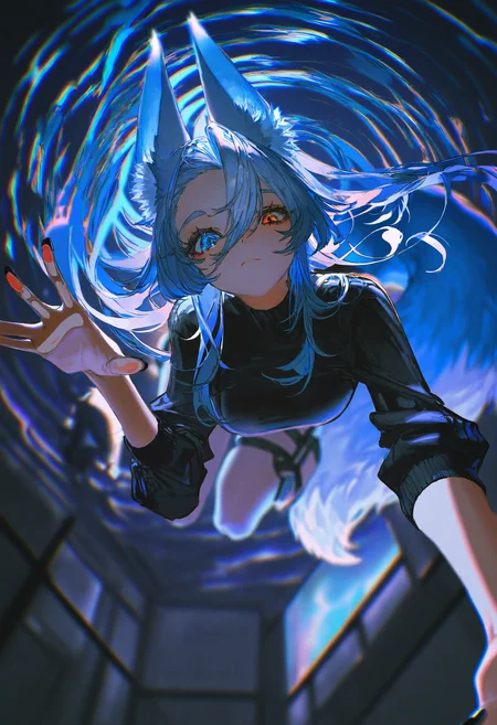 artist:[yoneyama mai|diyokama|say hana|quasarcake],
1girl, fox girl, fox ears, solo, fox tail, hair between eyes, long hair, black nails, blue eyes, heterochromia, sleeves pushed up, forehead, closed mouth, looking at viewer, blue hair, chromatic aberration, whirlpool, against glass, all fours, from below, skindentation,
masterpiece, best quality, very awa, absurdres
<lora:noobai_vpred_1_aesthetic_quality_modifiers_complete_v2:1>
