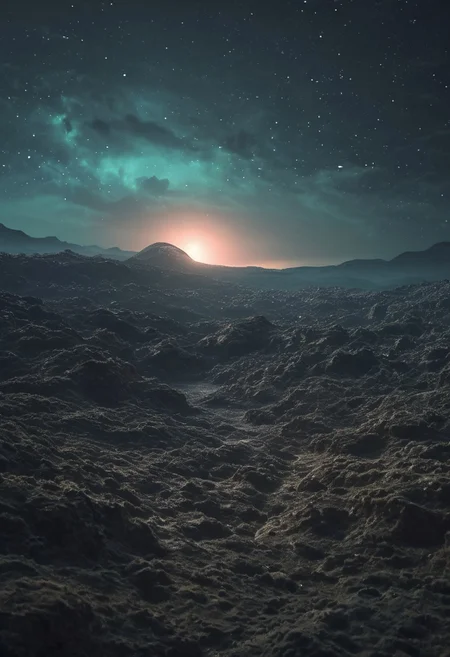 photography,
a enchanted alien landscape with a night sky, glow, (squared forms), horror atmosphere, isolate