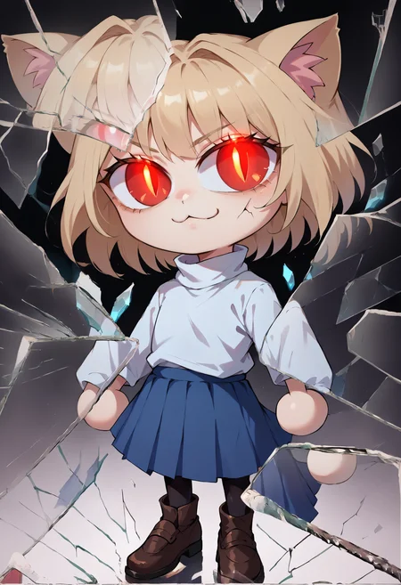 score_9, score_8_up, score_7_up, score_6_up, BREAK  IncrsXLBrknGls,broken glass, reflection, slit pupils,necoarc, chibi, :3,cat ears, blonde hair, red eyes,glowing eyes,black background,turtleneck, blue skirt, pleated skirt, pantyhose, brown footwear <lora:BreakingGlassXLPDCAME:1> <lora:necoarc-guy-PONY-v1:1>
