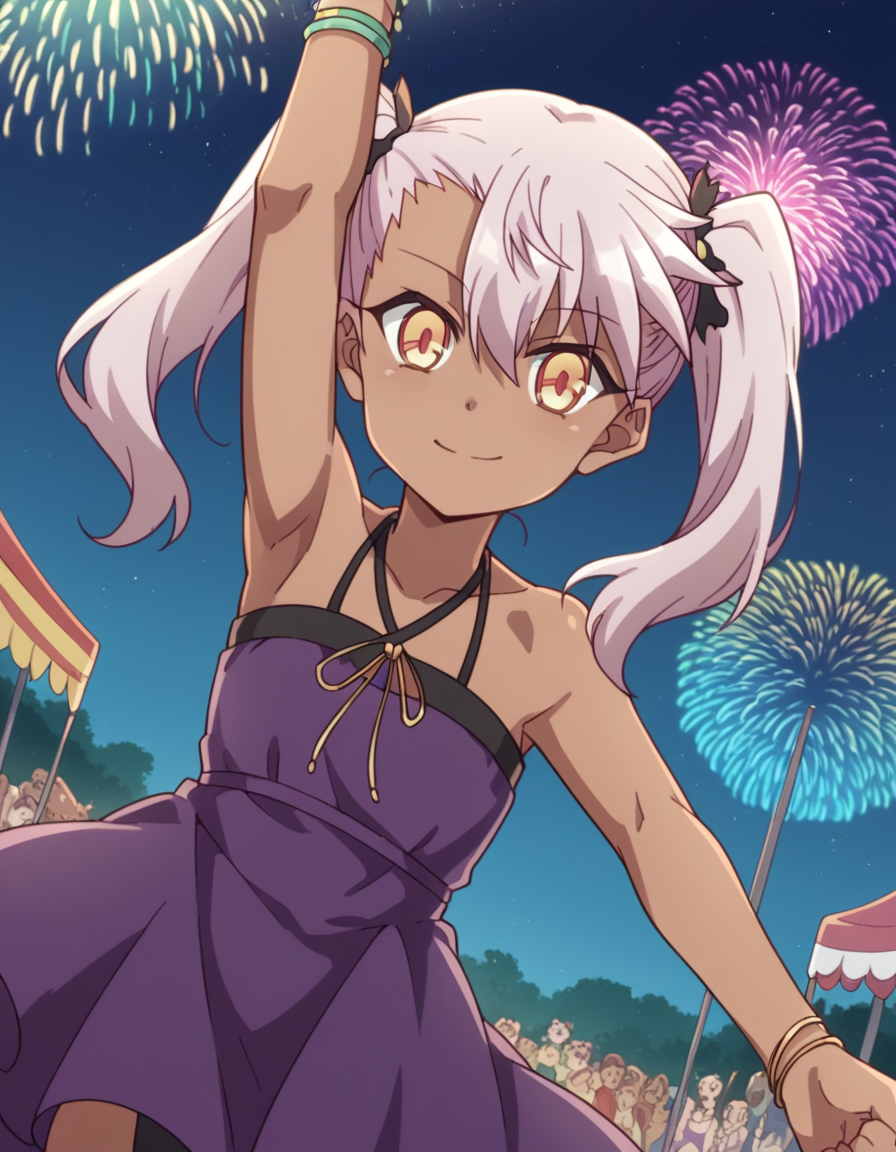 score_9, score_8_up, score_7_up, source_anime, <lora:chloe-von-einzbern-prisma-s2s3-ponyxl-lora-nochekaiser:1>,, chloe von einzbern, long hair, hair between eyes, yellow eyes, pink hair, dark skin, dark-skinned female,, twintails, dress, bare shoulders, collarbone, bracelet, halterneck, purple dress,, festival, fireworks, summer night, food stall, traditional, arms up,, smile, looking at viewer, arm holding an object, solo,, cowboy shot, dutch angle