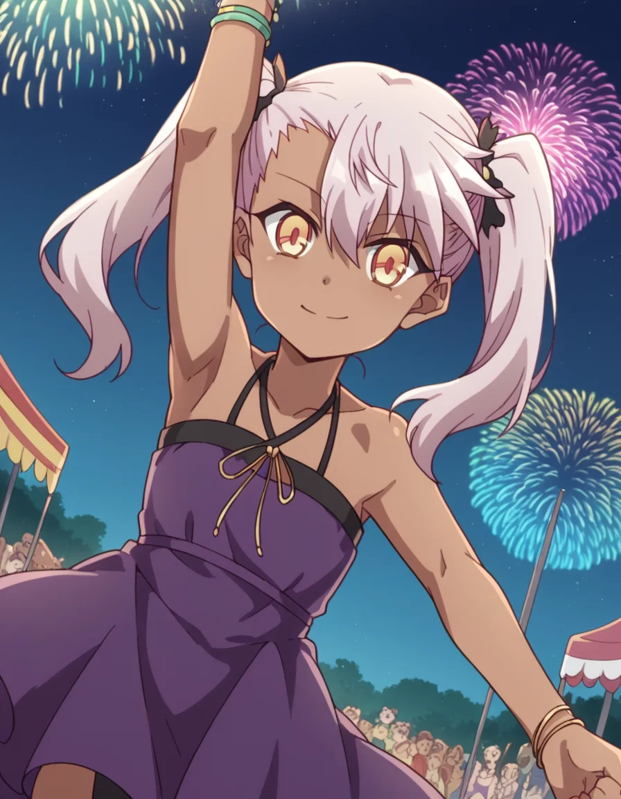 score_9, score_8_up, score_7_up, source_anime, <lora:chloe-von-einzbern-prisma-s2s3-ponyxl-lora-nochekaiser:1>,, chloe von einzbern, long hair, hair between eyes, yellow eyes, pink hair, dark skin, dark-skinned female,, twintails, dress, bare shoulders, collarbone, bracelet, halterneck, purple dress,, festival, fireworks, summer night, food stall, traditional, arms up,, smile, looking at viewer, arm holding an object, solo,, cowboy shot, dutch angle