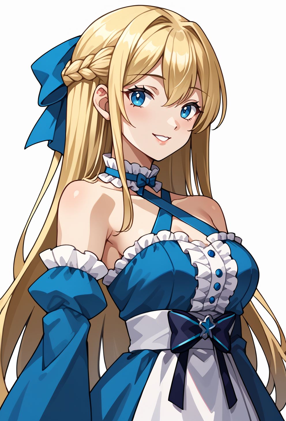 score_9, score_7_up, source_anime, BREAK <lora:zs_SoulHackersPortraitsXL:1> soulhackersportraits, portrait, white background,, <lora:mxmarina:0.8> mxmarina, french braid, half updo, Hair ribbon, frilled choker, criss-cross halter, sleeveless dress, high-waist skirt, backless dress, blue dress, waist blue bow, detached sleeves, frilled sleeves, wide sleeves, blue sleeves, light smile, very long hair,