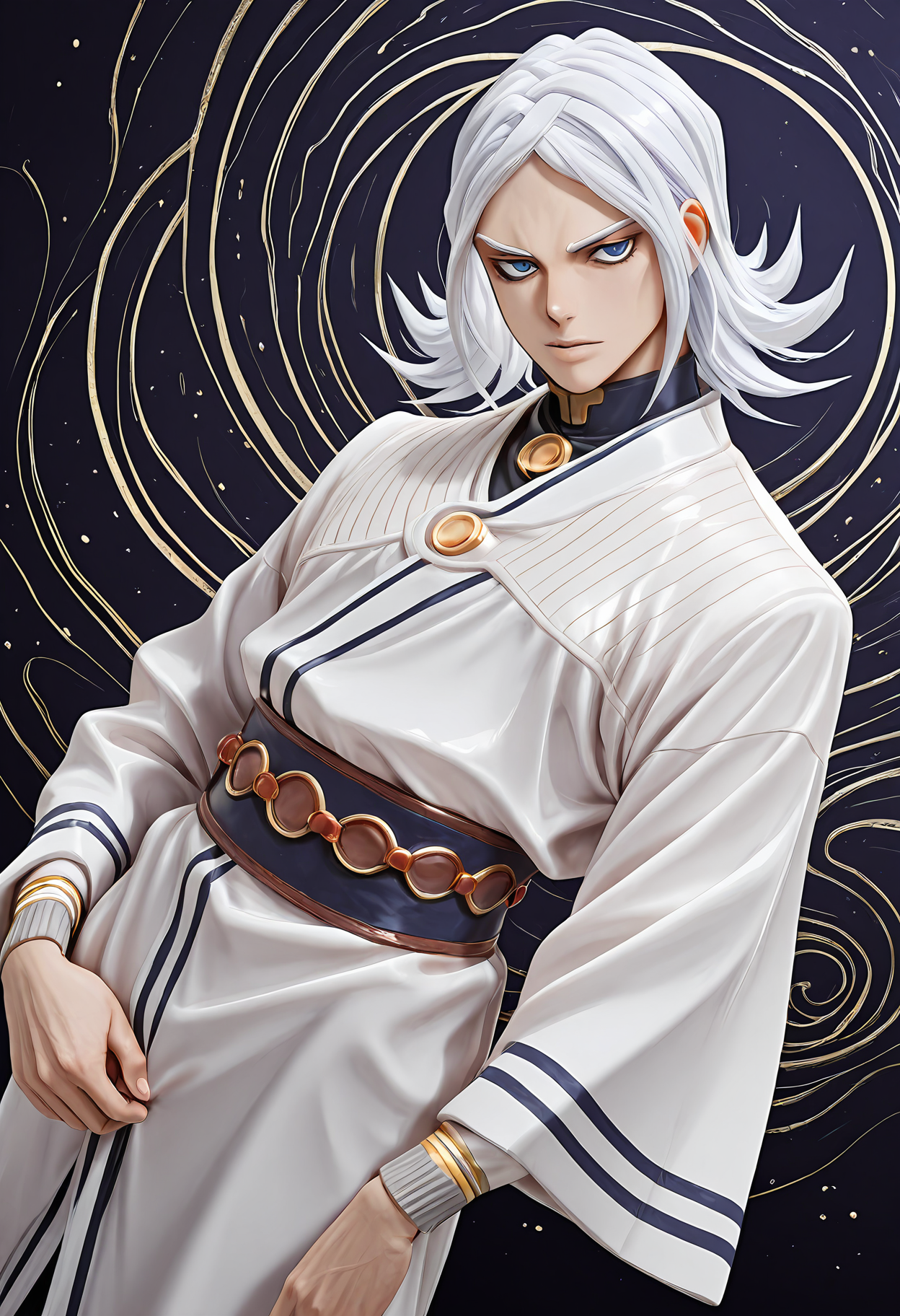 masterpiece, best quality, amazing quality, dynamic angle, dutch angle, abstract background, BREAK
solo, 1boy, jjba_teru, white hair, medium hair, blue eyes, yukata, japanese clothing, BREAK
<lora:cfg_scale_boost:0.6>  <lora:Terunosuke_Enigmas_Boy_Miyamoto_-_Jojos_Bizarre_Adventure_-_ILXL:1>