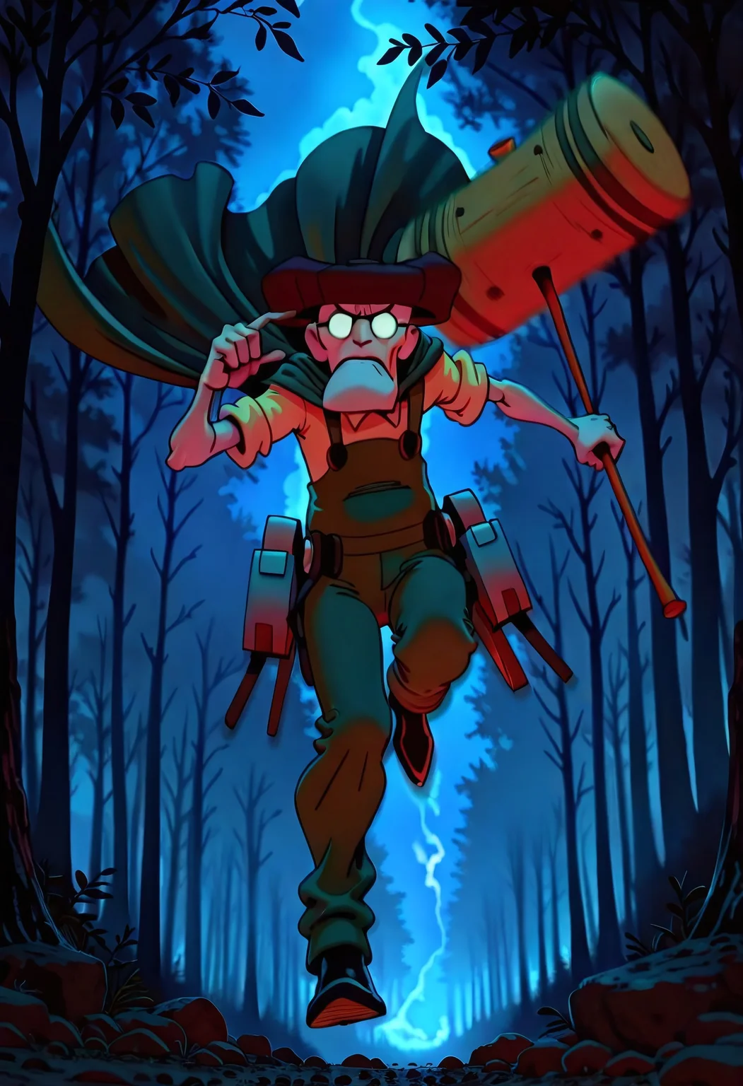 Masterpiece, best quality, absurdres, s0larpunk, 1boy, Eustace, Bagge, Green overalls, yellow shirt, hat, glasses, grumpy expression, solo, airborne, dynamic angle, dynamic pose, action shot, in air, flying, three-dimensional maneuver gear, grappling, forest, holding massive mallet, ((foreshortening)), (fisheye effect) dramatic lighting, dark lighting, contrast lighting, solo, 1girl, (((motion blur, depth of field, steam, blurry background))), holding weapon, night, full body, acrobatic, looking at viewer, outdoors, alleyway, spinning, graceful, green cape, night