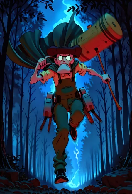 Masterpiece, best quality, absurdres, s0larpunk, 1boy, Eustace, Bagge, Green overalls, yellow shirt, hat, glasses, grumpy expression, solo, airborne, dynamic angle, dynamic pose, action shot, in air, flying, three-dimensional maneuver gear, grappling, forest, holding massive mallet, ((foreshortening)), (fisheye effect) dramatic lighting, dark lighting, contrast lighting, solo, 1girl, (((motion blur, depth of field, steam, blurry background))), holding weapon, night, full body, acrobatic, looking at viewer, outdoors, alleyway, spinning, graceful, green cape, night