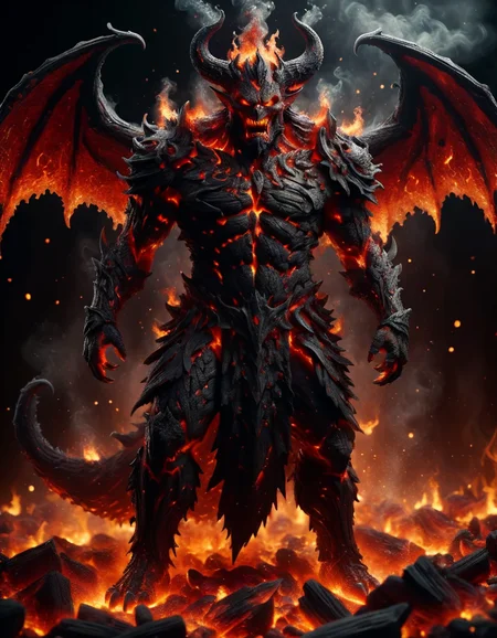 Horror-themed cinematic film still,a horrifying red-skinned male demon king, (full body portrait:1.3), (detailed monstrous evil face:1.4), screaming, wide spread bat like ral-lava wings, (detailed scaly skin texture:1.2), long curved horns, (in hell, swirling tormented souls, billowing smoke:1.5), black spiky armor,, shallow depth of field, vignette, highly detailed, high budget, bokeh, cinemascope, moody, epic, gorgeous, film grain, grainy . Eerie, unsettling, dark, spooky, suspenseful, grim, highly detailed <lora:ral-embrglt:1> ral-embrglt