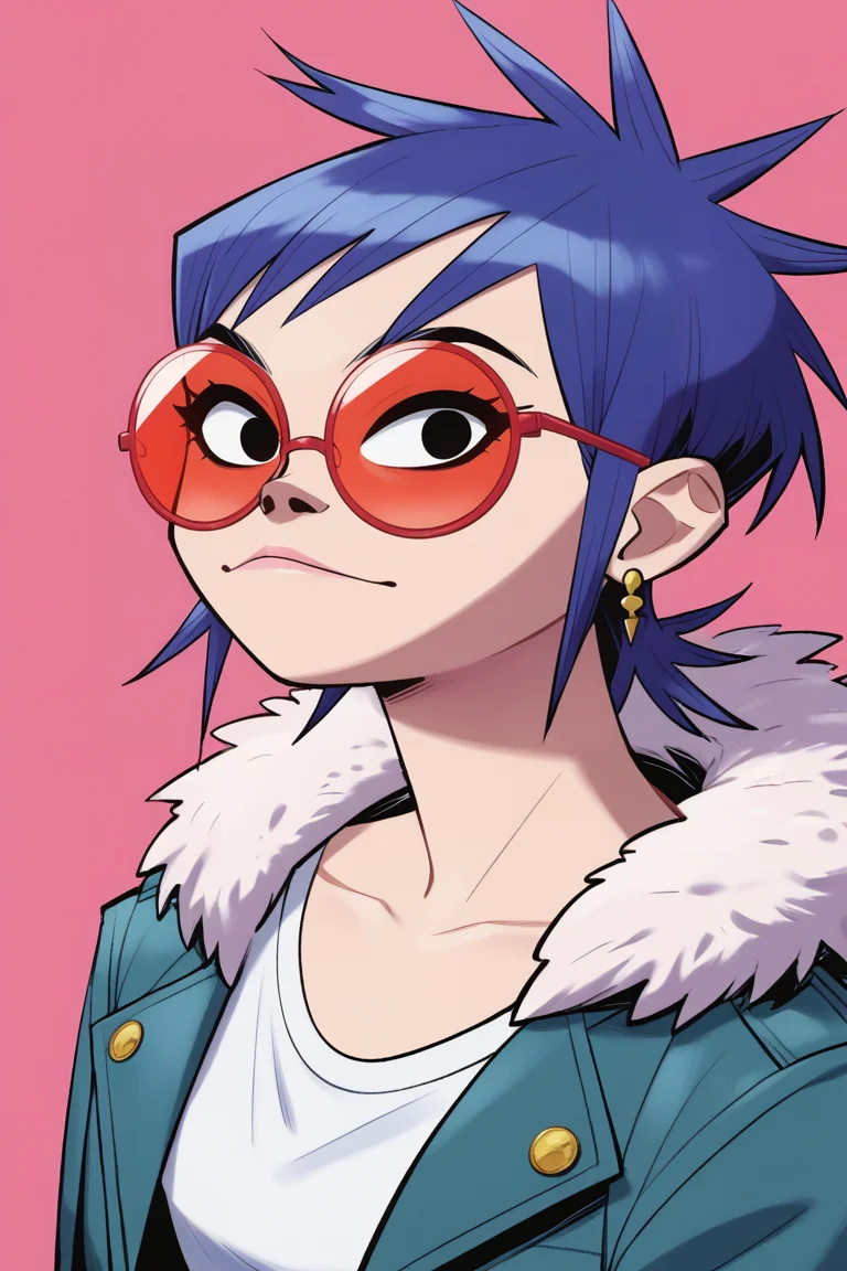 score_9, score_8_up, score_7_up, BREAK, <lora:noodlegorillaz-guy-PONYv1:.9>, noodlegorillaz, 1girl, solo, looking at viewer, shirt, jewelry, collarbone, jacket, white shirt, earrings, glasses, lips, fur trim, makeup, pink background, sunglasses, portrait, red background, round eyewear, tinted eyewear, red-tinted eyewear, pink-tinted eyewear <lora:sunafukitabito-guy-PONYv1:1>