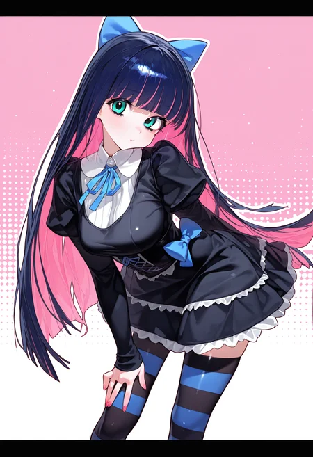 (masterpiece), (best quality), (ultra-detailed), amazing quality, very aesthetic, illustration, perfect composition, intricate details, absurdres, incredibly absurdres, lens flare, bokeh, light particles, bloom, chromatic aberration, diffraction spikes, (letterboxed:1.3),
1girl, stocking \(psg\), blue hair, colored inner hair, blunt bangs, blunt ends, cyan eyes, long eyelashes, long hair, pink inner hair, multicolored hair,
solo, standing, leaning forward, black dress, gothic, frilled dress, frills, lace trim, lace, neck ribbon, pink nails, black thighhighs, striped thighhighs, puffy long sleeves, head tilt,
pink background, halftone, halftone background, dynamic pose, perspective, <lora:Lunas-Eatsleep1111-IllustriousXL-EXP2:1>