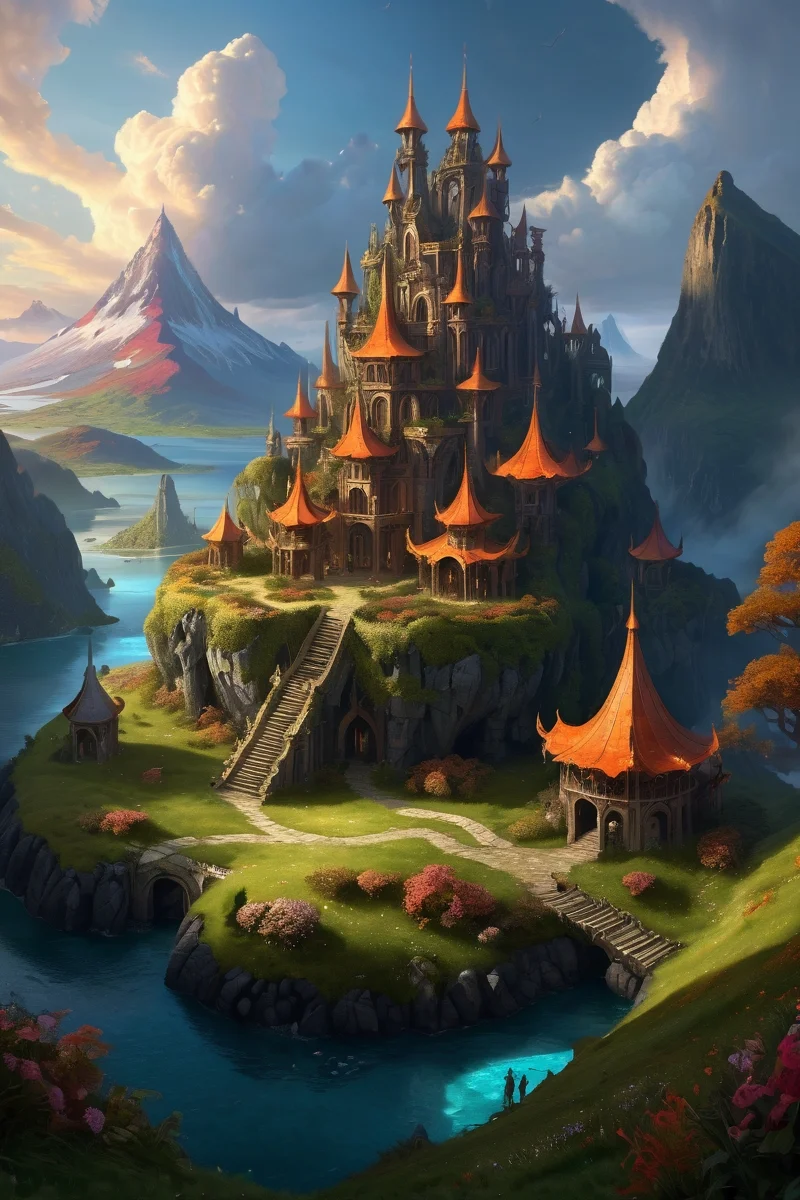 abandoned elf village in forest, magic well ,volcanic archipelagos where efreet build obsidian palaces, the skies choked with fire phoenix flocks, mountainous_horizon, dawn,weather steamy outdoors cinematic view, epic sky, detailed, concept art, low angle, high detail, warm lighting, volumetric, godrays, vivid, beautiful, trending on artstation, by Julie Bell, huge scene, grass,flower, art greg rutkowski,
