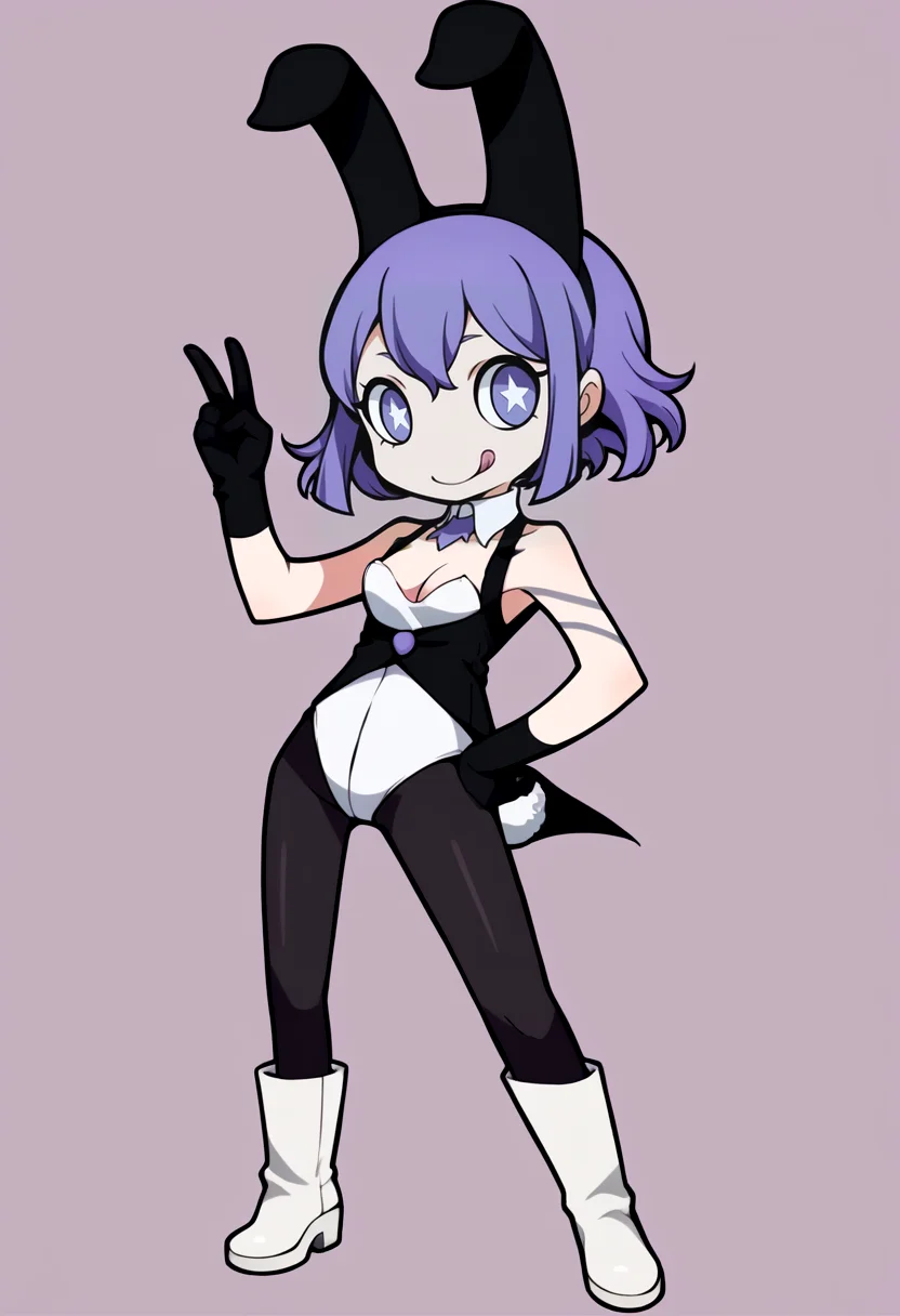 score_9, score_8_up, score_7_up, source_anime, BREAK, solo, 1girl, looking at viewer, smile, tongue out, <lora:PQ-Style-pdxl_Fp:1>, simple background, full body, chibi, <lora:Tico-pdxl_Fp:1>, ticodesu2, purple hair, purple eyes, star-shaped pupils, short hair, playboy bunny, rabbit ears, rabbit tail, black pantyhose, tattoo, detached collar, cleavage, sleeveless, black gloves, white footwear, boots, v, hand on own hip,