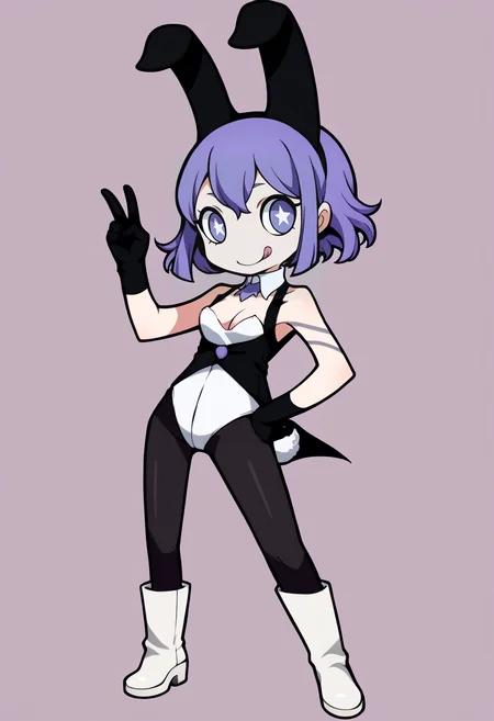 score_9, score_8_up, score_7_up, source_anime, BREAK, solo, 1girl, looking at viewer, smile, tongue out, <lora:PQ-Style-pdxl_Fp:1>, simple background, full body, chibi, <lora:Tico-pdxl_Fp:1>, ticodesu2, purple hair, purple eyes, star-shaped pupils, short hair, playboy bunny, rabbit ears, rabbit tail, black pantyhose, tattoo, detached collar, cleavage, sleeveless, black gloves, white footwear, boots, v, hand on own hip,