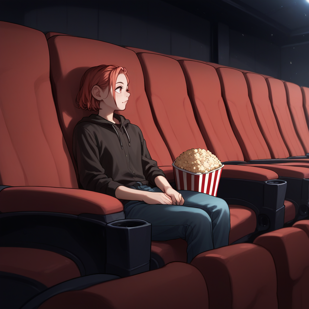 score_9, score_8_up, score_7_up, score_6_up, score_5_up, score_4_up, zPDXL2,rating_questionable,  <lora:Movie_Theater:1> movi3theater, sitting, popcorn, red seats, dark room