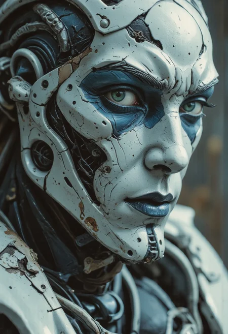amazing quality, masterpiece, best quality, hyper detailed, ultra detailed, UHD, perfect anatomy, portrait, dof, hyper-realism, majestic, awesome, inspiring, closeup, an weathered outworn old Fantasy White blue and white porcelain sculptur of god, smooth, Closeup, by Dring, rust paint peelz, atmospheric haze, cinamatic composition, soft shadows, national geographic style