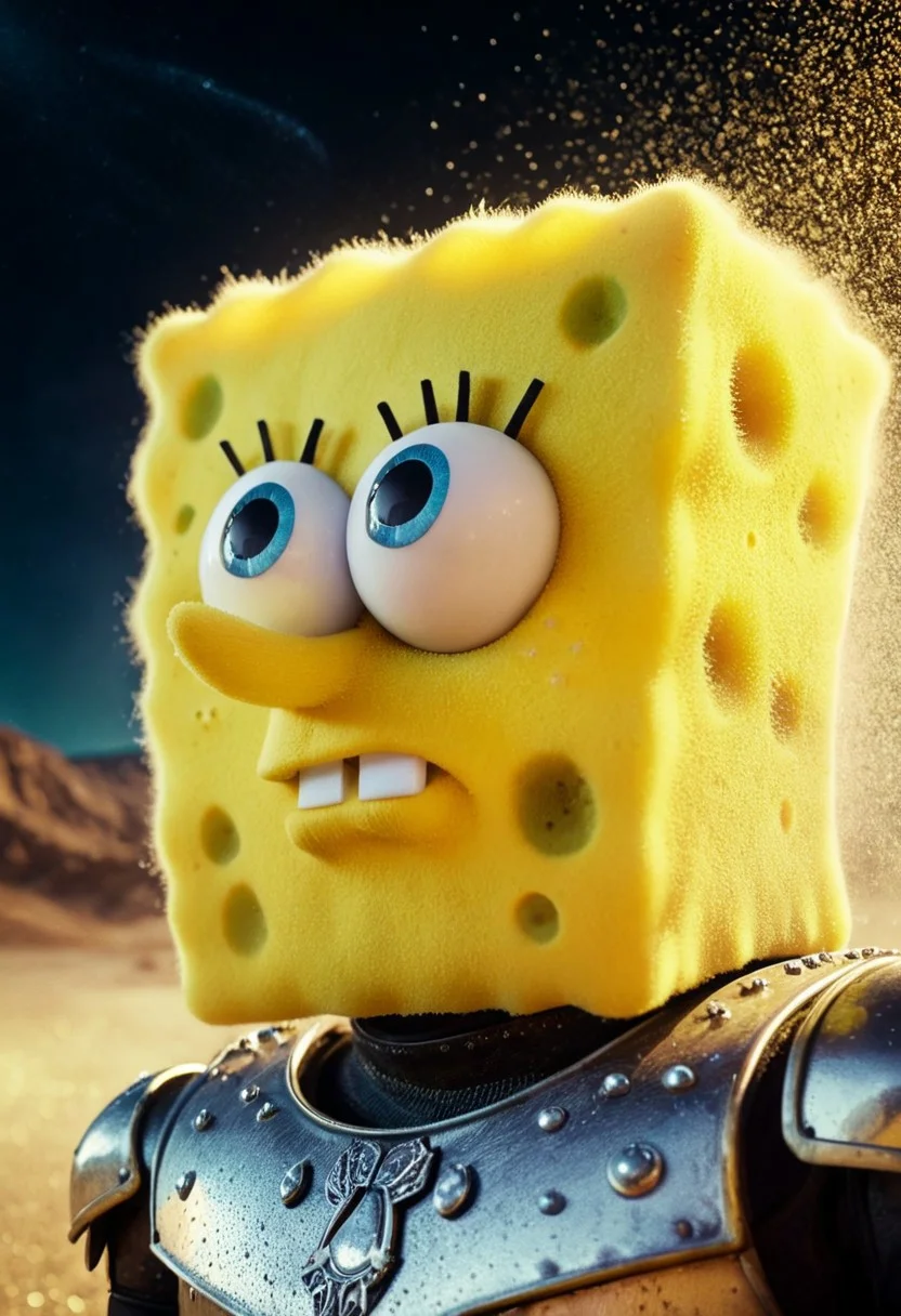 pop art, floating dust particles, visible dust in light rays, vintage dusty atmosphere, cinematic quality, closeup, a glamour shot of SpongeBob, metallic Finish Armor, scenery, glowing eye, wild mane, monochrome Sin City styled duotoned color graded, deep Blacks, very detailed, atmospheric haze, Film grain, cinematic film still, shallow depth of field, highly detailed, high budget, cinemascope, moody, epic, Like a DonMS4kur4XL blossom Rain but its ash,