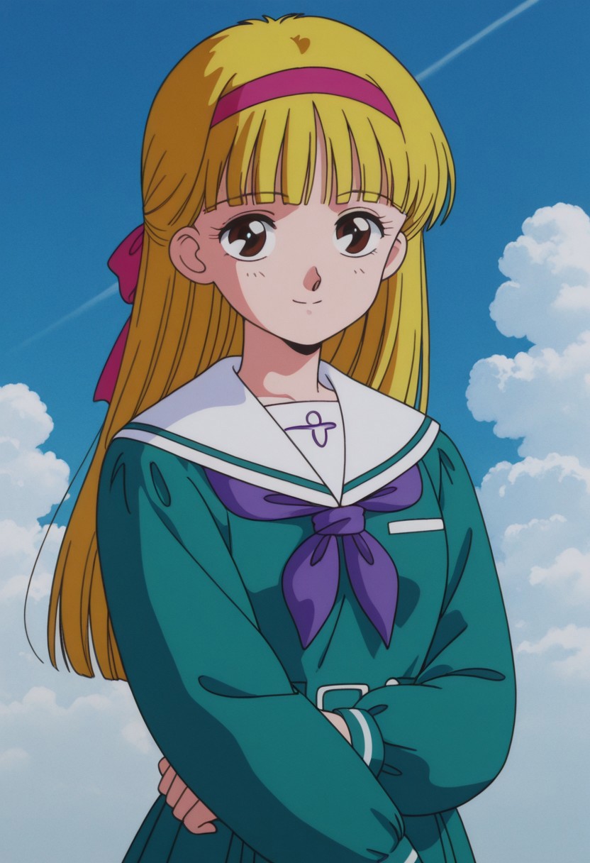 masterpiece, best quality, source_anime,official art,perfect_anatomy,1990s_\(style\),retro_artstyle,chitose,1girl,blonde hair,long hair,bangs,brown eyes,half updo,hairband,tokai school uniform,bow,long sleeves,looking_at_viewer,smile,,upper body,day,blue_sky,cloud