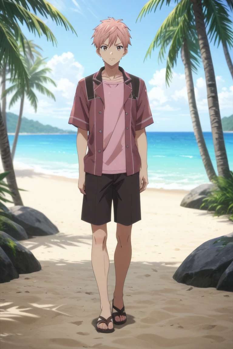 score_9, score_8_up, score_7_up, source_anime, rating_safe, , anime screencap, , official style, looking at viewer, depth of field, 1boy, solo, male focus, <lora:shion_asuma_pony:0.86>, shion_asuma, pink hair, brown eyes, short hair, straight-on, full body, beach, palm tree, towel, light, claw pose, :o, dwarf costume, <lora:sdxl_lightning_8step_lora:1>