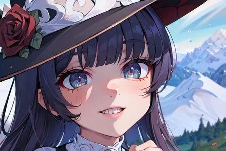 (masterpiece:1.4), 4K8K, (anime style), (high shutterspeed:1.4), (sharp edges),
SyFyEye1,
1woman hands togather, leaning foward, face focus, smile,
wearing Celtic style dress, (Detailed face, Detailed eyes),
any colored roses, Alps in the background,