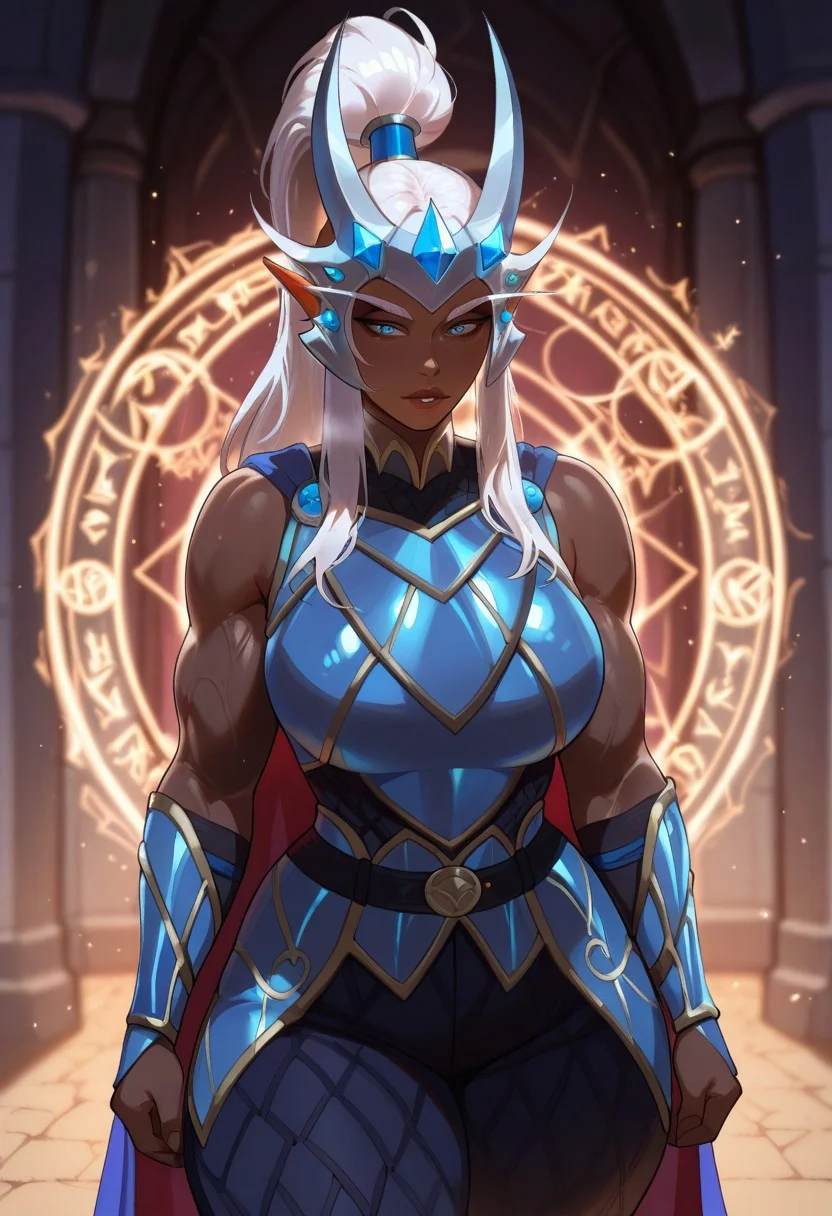masterpiece, best quality, <lora:NSSindragosaWoW:1> NSSindragosaWoW, mature female, milf dark-skinned female, blue eyes, slit pupils, soft lips, detailed lips, glossy lips, long eyebrows, white hair, pointy ears, high ponytail, sidelocks, horned headwear, blue armor, large breasts, wide hips, thick thighs, muscular female, muscular arms, muscular legs, tall woman, blue cape, blue vambraces, bare shoulders, sleeveless, pants, belt, heroic pose, casting spell, magic circle, looking at the viewer. looking down pov