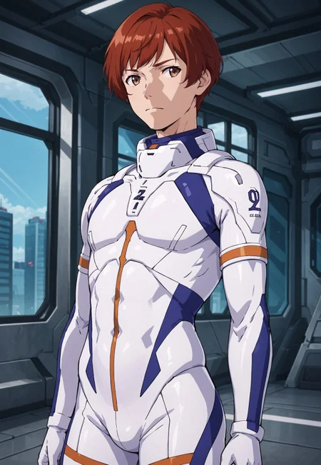 score_9, score_8_up, score_7_up, source_anime, cowboy shot, side view, BREAK, ( lane_aim, brown eyes, auburn hair, best eyes, looking to the side, new pilot suit, neutral expression,, ) 1boy, male focus, solo, BREAK, ready room,