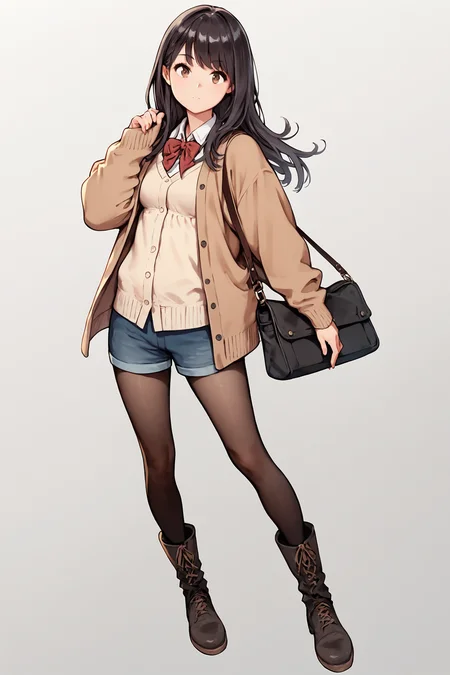score_9, score_8_up, score_7_up, source_anime, 1girl, pantyhose, long hair, brown eyes, black hair, boots, cardigan, white background, shorts, simple background, looking at viewer, bag
, <lora:Inoue_Kiyoshirou_PonyXL_dim24:1>