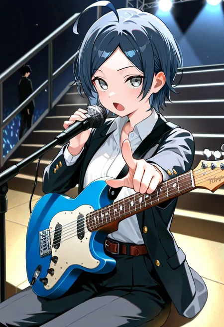 (masterpiece, best quality:1.4), looking at viewer, cowboy shot, outdoors, stairs, sitting, hachiman hikigaya, ahoge, grey eyes, black pants, school uniform, black jacket, open jacket, white shirt, belt, playing instrument, electric guitar, singing, pointing at viewer, stage lights, dark background, ,masterpiece,best quality,amazing quality, <lora:hachiman_hikigaya_v1:0.7>