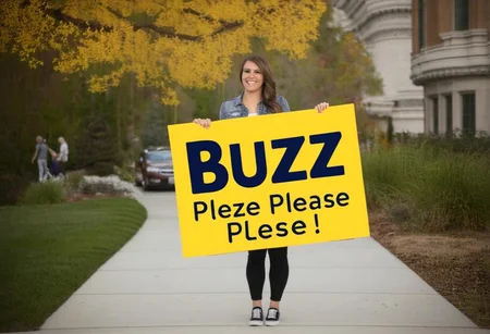 corneo_dva, smiling, inviting, holding sign that says the words Buzz Please!
