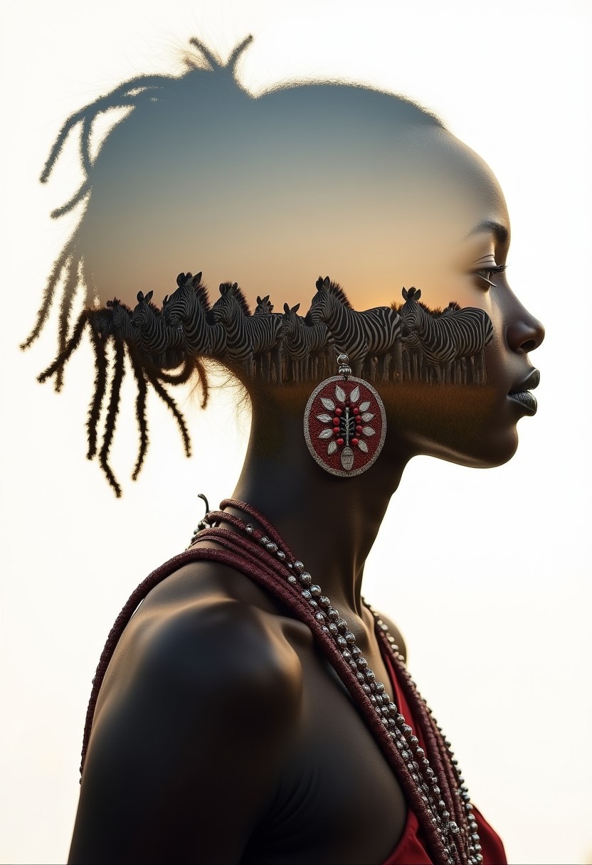 masterpiece, double exposure, silhouette of african zulu woman, hair ornament, filled with a herd of zebras, highest definition, HD32K, wallpaper, crisp lines, double exposure background, hyperdetailed, concept art, detailmaximizer