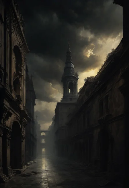 ((dark Renaissance by Bartolome Murillo)) ((an ancient Gothic city stands in the middle of a futuristic city of the future)), tragic scene, dark clouds, half-turned gaze at the viewer, ((in the style of Bartolome Murillo)), dark Renaissance, gradient of an aged yellowed canvas, ((best quality, masterpiece)), (higher detail right), impressionism: 1.1, 8k