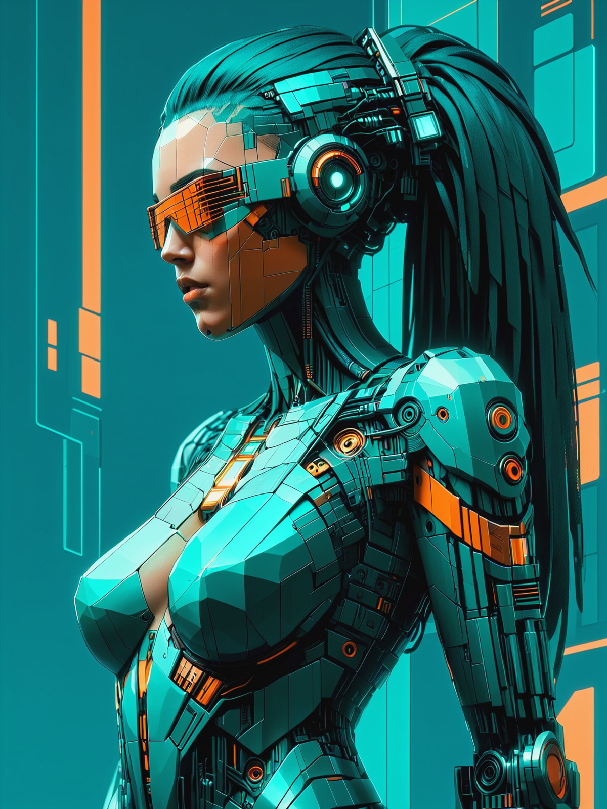mad-cbpk-cubism, woman, cyberpunk, teal background, orange outlines, Hand on chin pose <lora:Neon_Cyberpunk_Cubism_SDXL:1.0>, masterpiece, best quality, ultra high res, (photorealistic, realistic:1.2), deep shadow, raw photo, film grain, Fujifilm XT3, 8k uhd, dslr