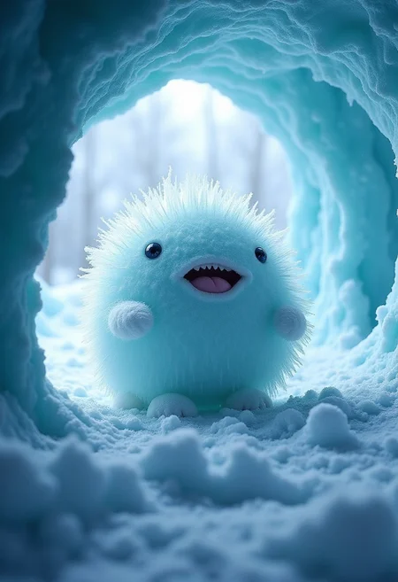 A weird fluffy ice creature in a beautiful ice cave, it is snowing, light roams through the cave and creates reflections in the snow