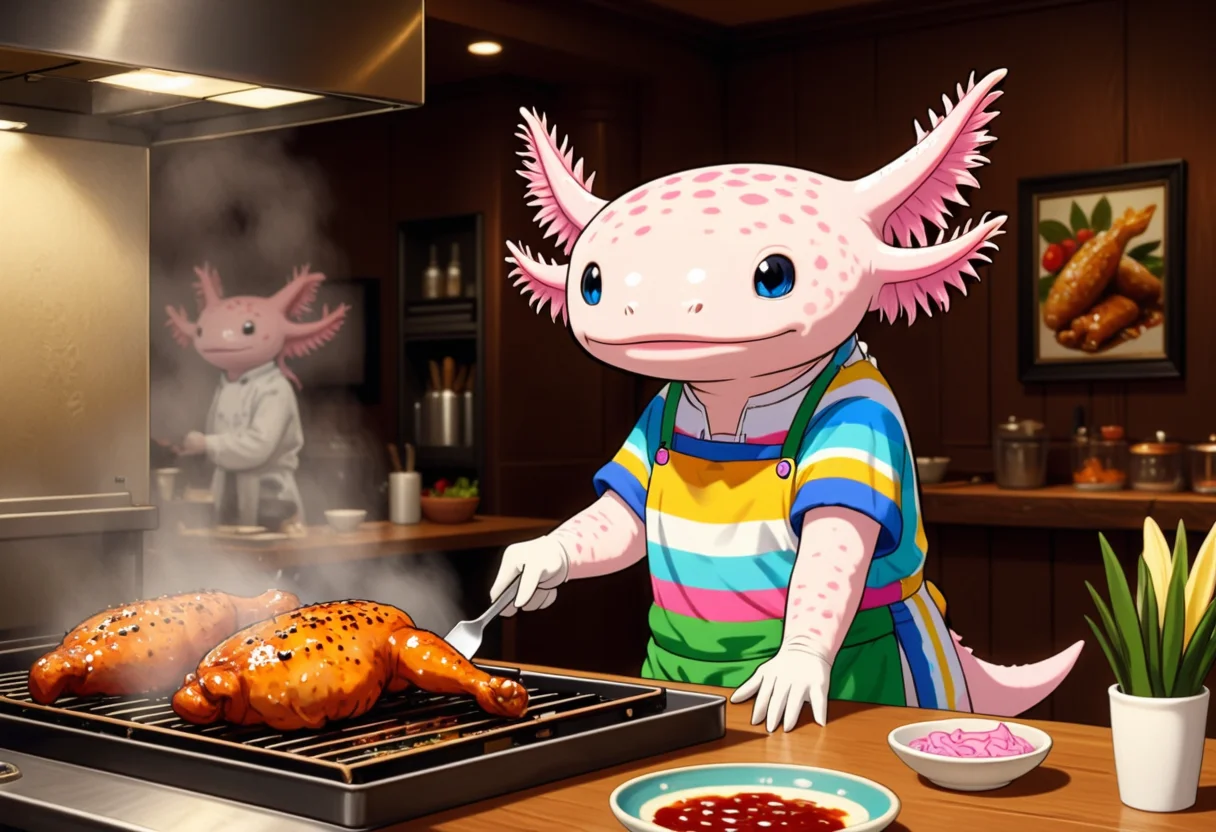 a studio ghibli anime film about anthropomorphized axolotls, axolotl chef, in a Caribbean restaurant, grilling jerk chicken, wearing a colorful apron, vibrant and spicy atmosphere, the axolotls are clothed, the vibrant distinct style of studio ghibli shows the serene beauty of the scene, the food is meticulously drawn and extremely detailed and looks delicious, the axolotls have round black eyes and pink frilly gills